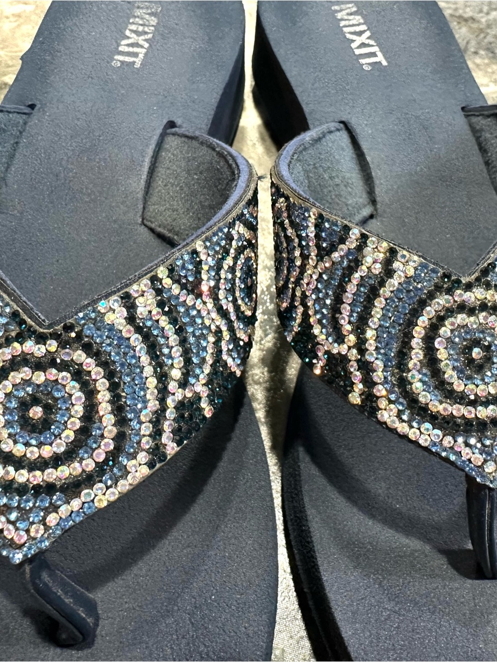 Mixit Navy Beaded Thong Sandals with Multicolor Crystal Accents - Picture 4 of 5
